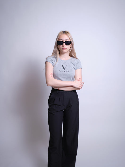 Initials Crop Tee - V - Heather Grey